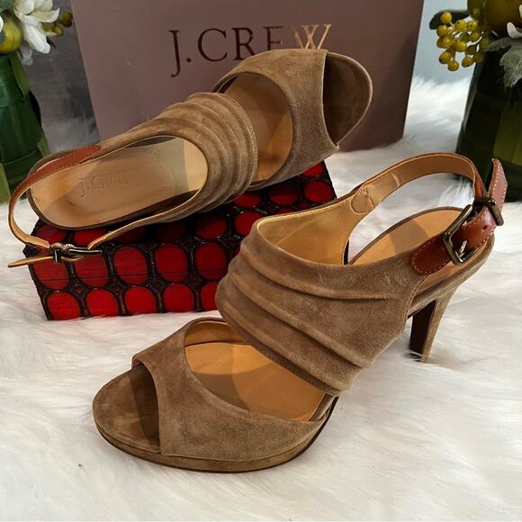 J. Crew Nicola Platform Suede Slingback Heels Toffee Sz 5.5 with box - Picture 2 of 16